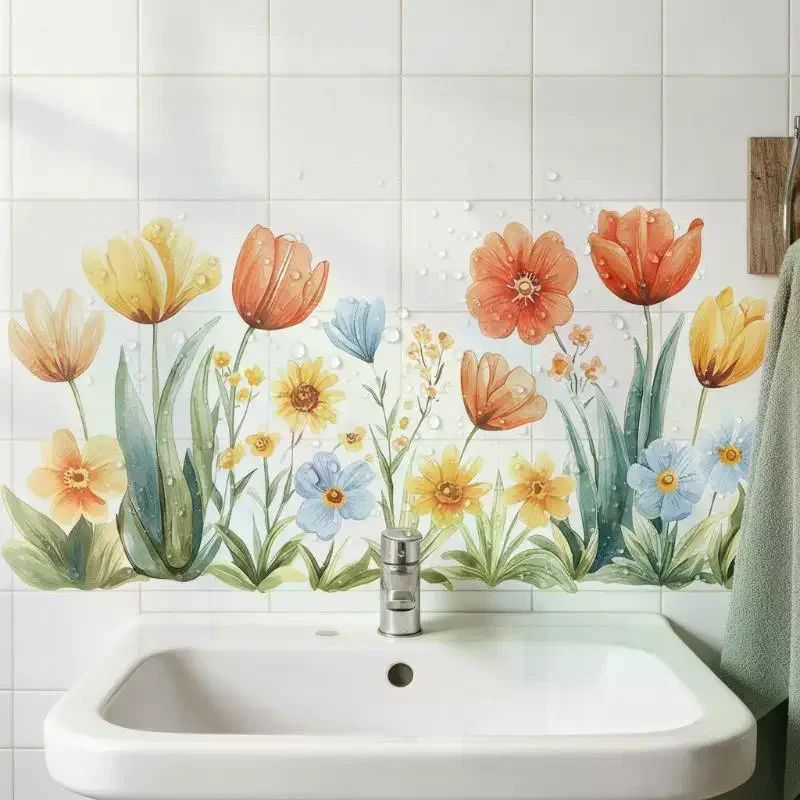 Wall Sticker Fresh Floral Pattern Sink Area Background Bathroom Decoration Self-Adhesive Removable Waterproof Creative No Peel