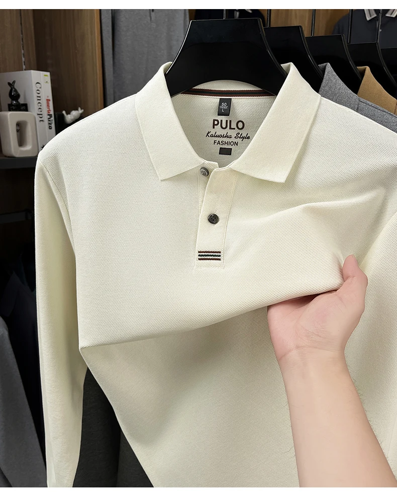 Hochwertiges Langarm-Poloshirt aus 100% Baumwolle für Herren, neue Luxus-Modemarke, Frühling/Herbst, luxuriöser Komfort, lässiges Business-T-Shirt. – Detail 4
