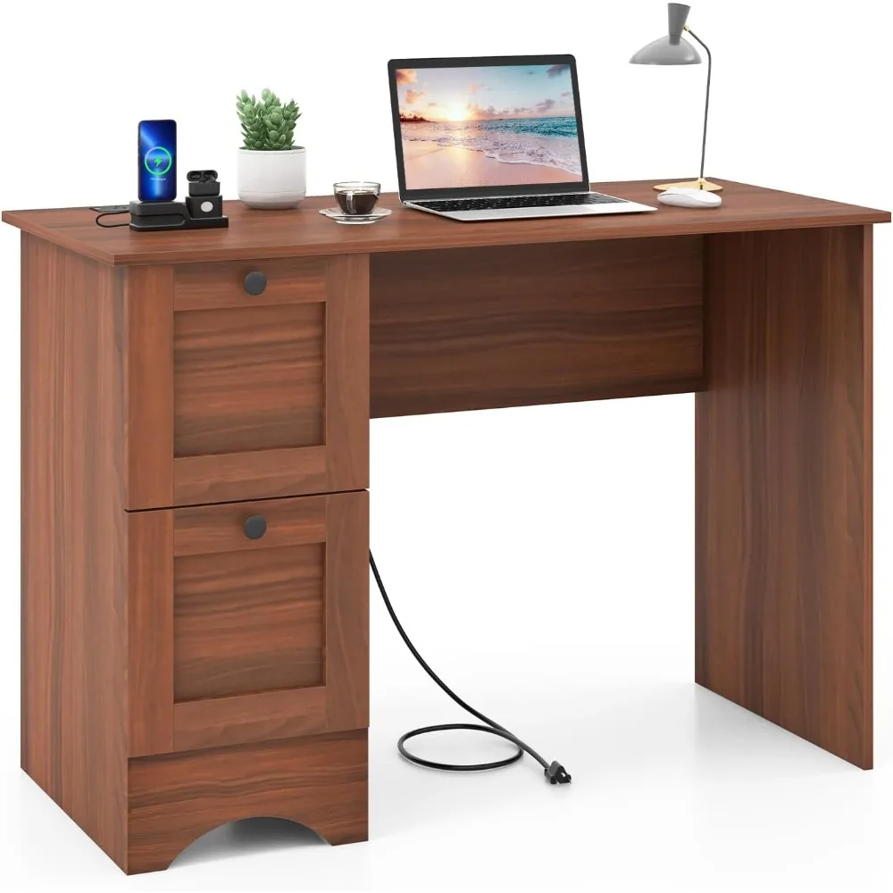 Wooden Laptop Desk with Drawers and Charging Station, Compact Home Office Desk for PC and Notebook, Study Writing Desk