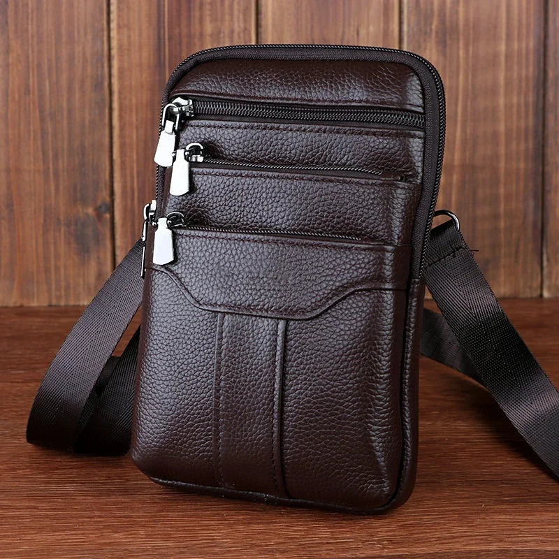 Mens Shoulder Bag Cell Phone Crossbody Purse Phone Holster Case Genuine Leather Belt Waist Bags Pouch Small Messenger Slim Bag