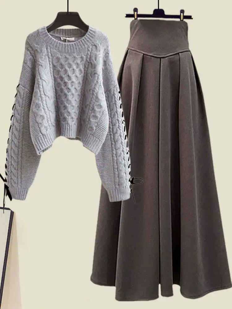 Automne 2025 paresseux Sle doux minceur tricoté pull femmes taille haute f jupe deux pièces ensemble Faionable tenue décontracté