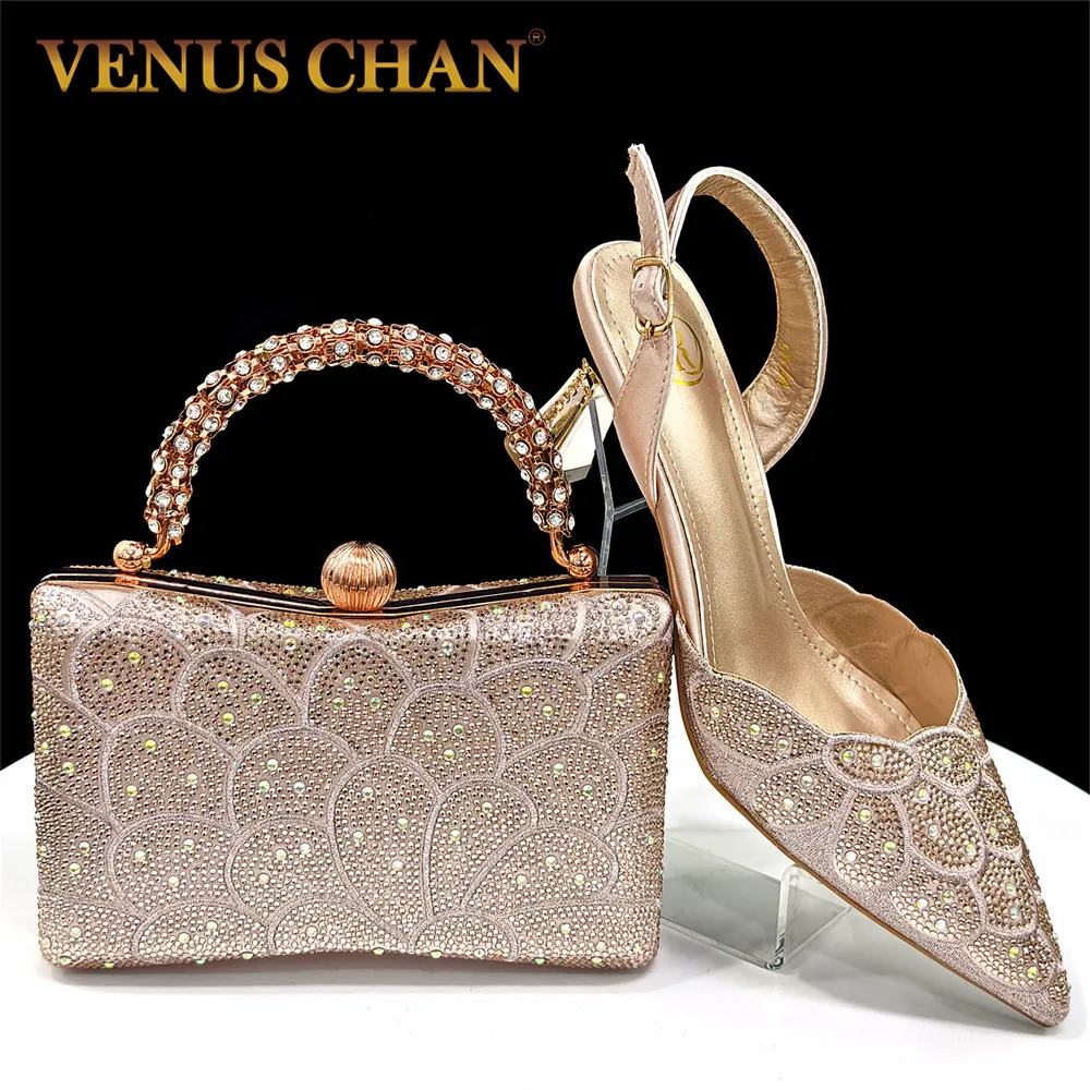 

Vemus Chan 2026 New Shiny Italian Fashion Pointed Toe Women Heel Fashion Rhinestone Decoration Peach Color Shoes And Bag Set