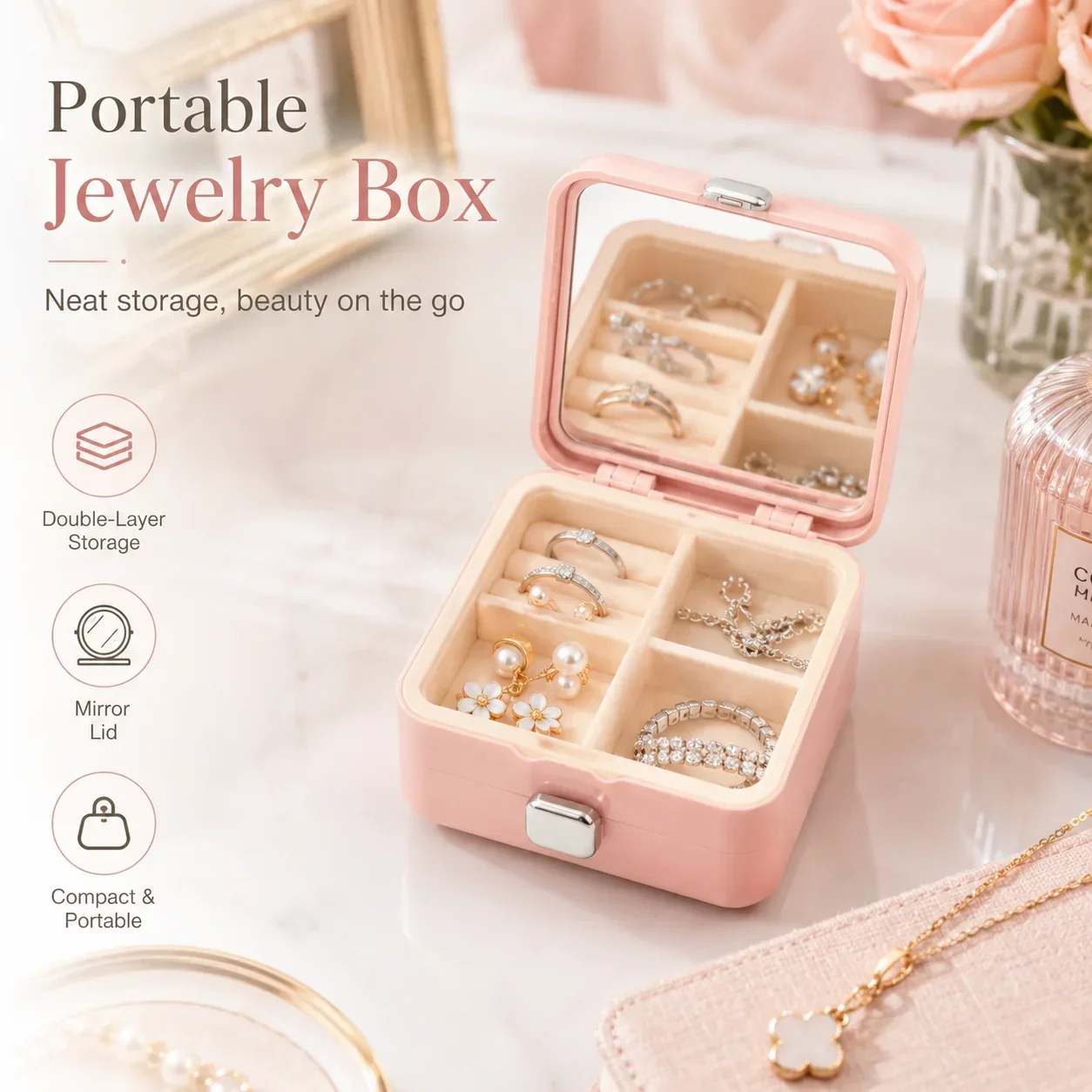 Portable Jewelry Organizer Box Mini, Earrings Necklaces Rings Storage, Exquisite Compact Home Travel Case