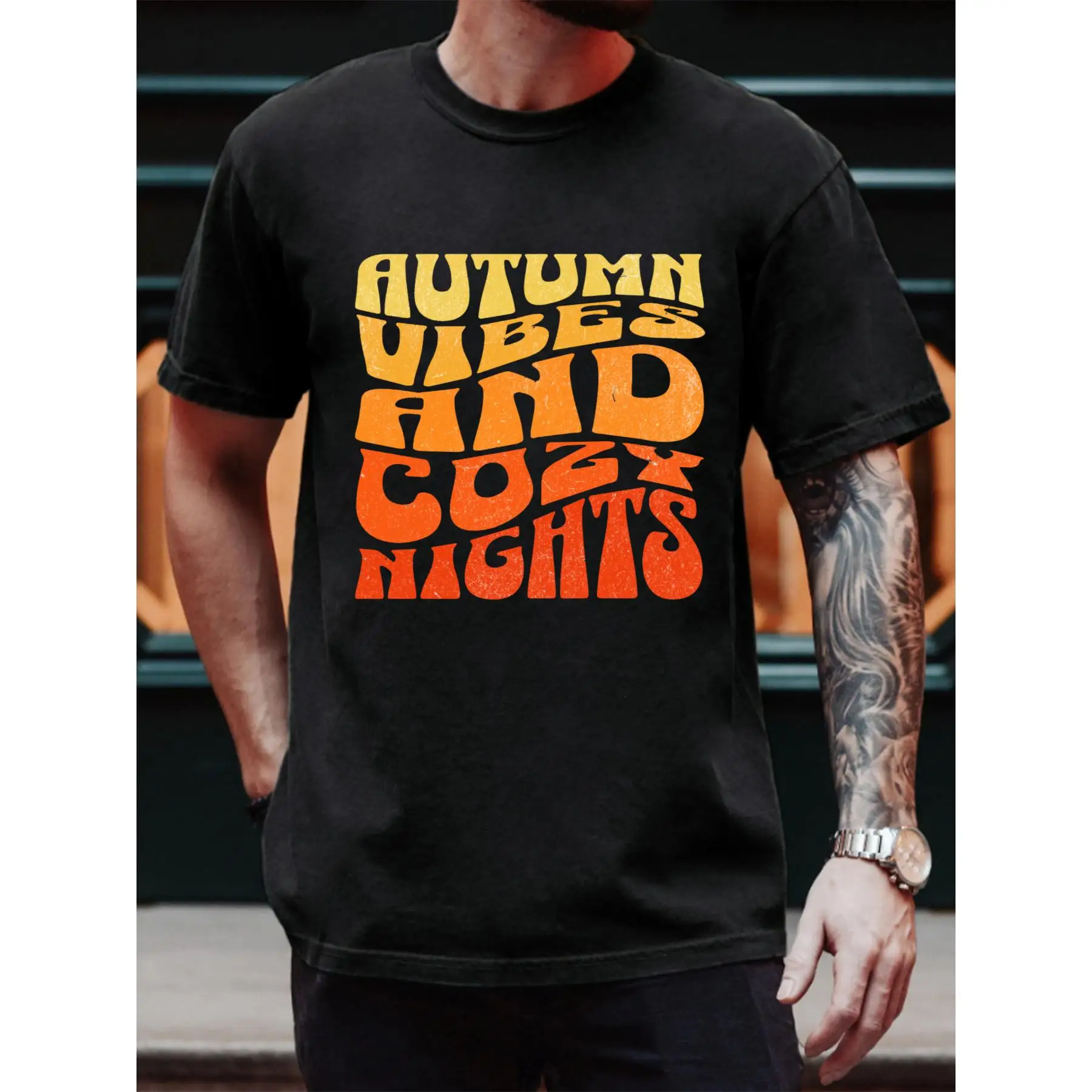 

T - shirt with “AUTUMN VIBES AND COZY NIGHTS” retro - styled text, capturing the essence of fall and comfortable evenings.