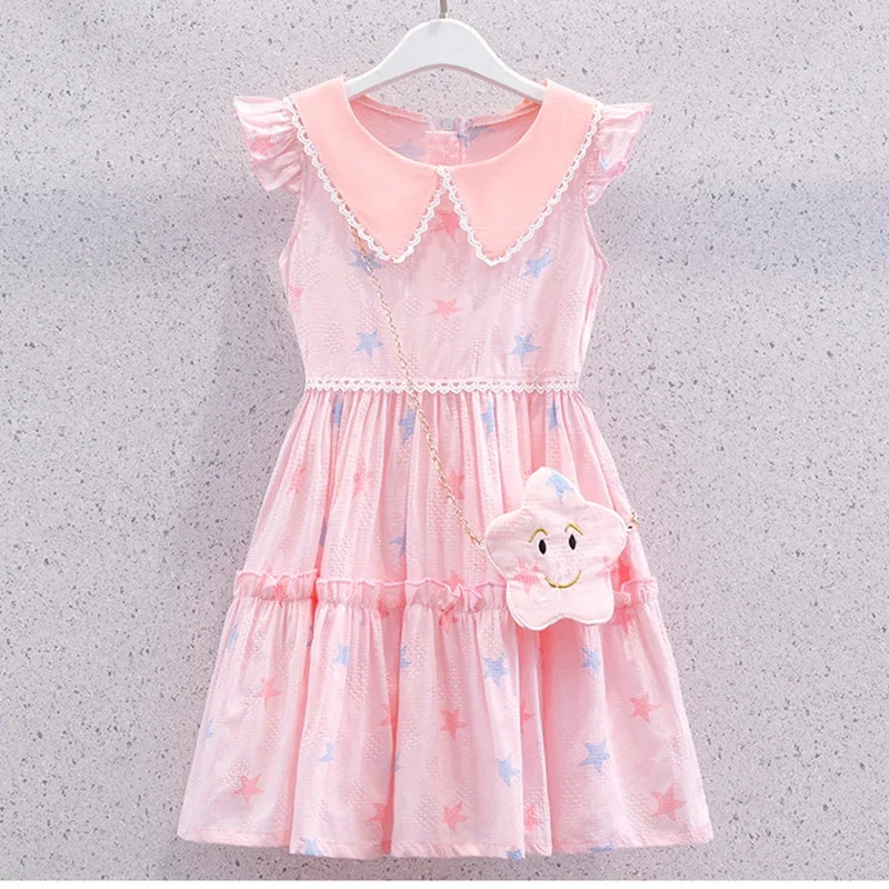 Novo Vestido Infantil Rosa com Estampa de Estrelas 2026 para Meninas, Vestido Rodado com Gola Peter Pan e Bolsa de Estrelas para Férias de Verão e Uso