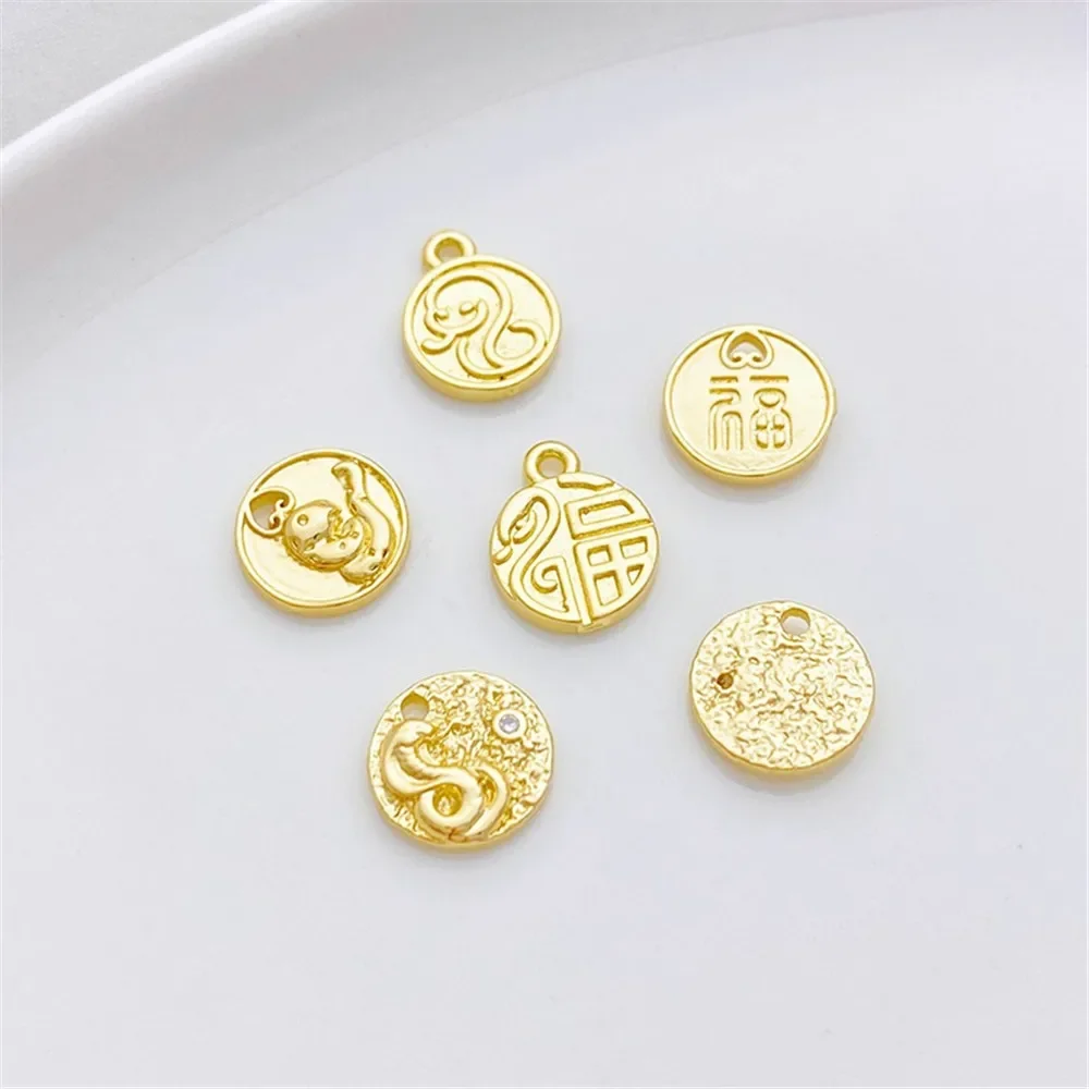 Colgante de marca de bendición de serpiente del zodiaco chapado en oro de 14K de Año Nuevo, cuentas de joyería DIY para collar, pulsera, accesorios artesanales