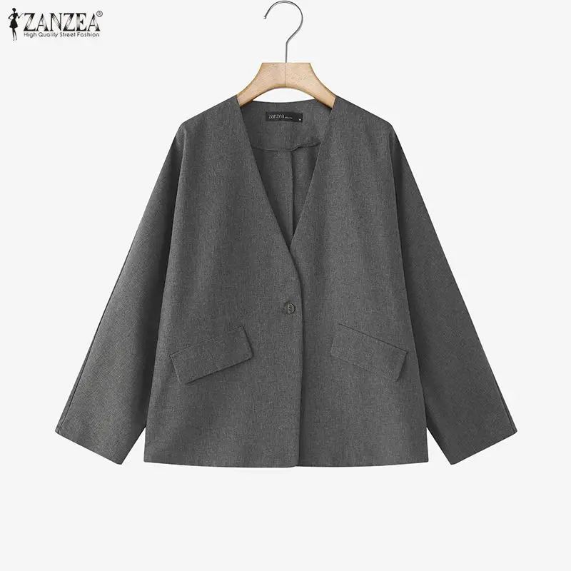 

ZANZEA Elegant Women OL Blazar Sexy V-Neck Casual Solid Coats 2026 Fashion Long Sleeve Loose Streetwear Loose Outwear Clothing