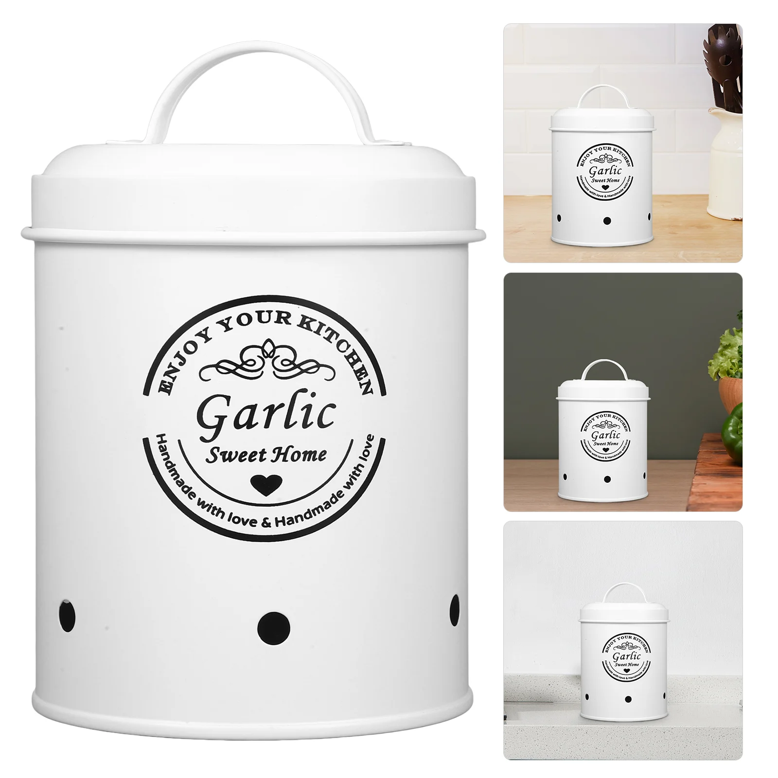 

Onion Garlic Storage Bucket Can Fresh Ginger Jar for Home White Container with Lid