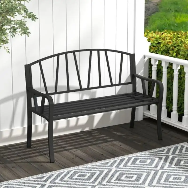 Banc de jardin en métal pour 2 personnes avec dossier et accoudoirs, résistant aux intempéries