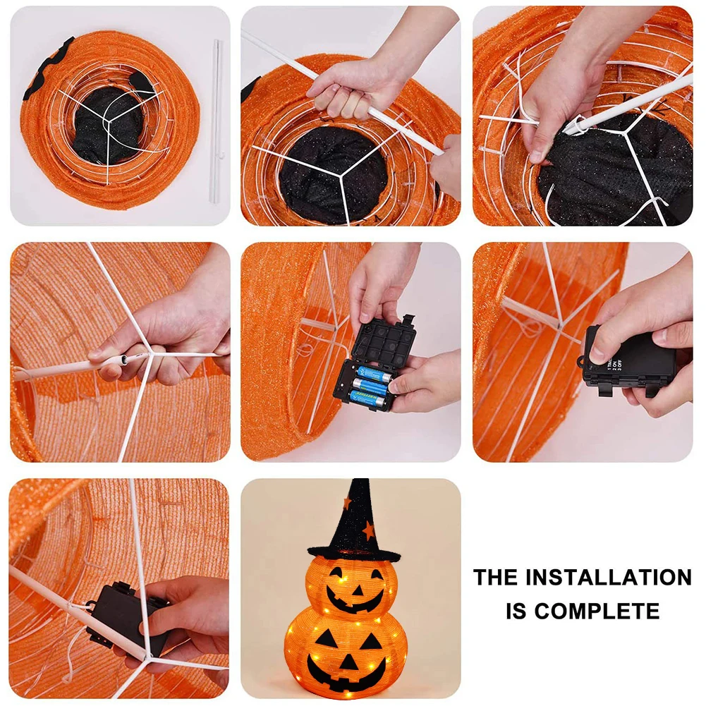 Halloween Opvouwbare Pompoen Met Ster Zwarte Hoge Hoed 3,1 Ft Halloween Pompoen Decoratie Oranje Led Licht Opvouwbare Pompoen