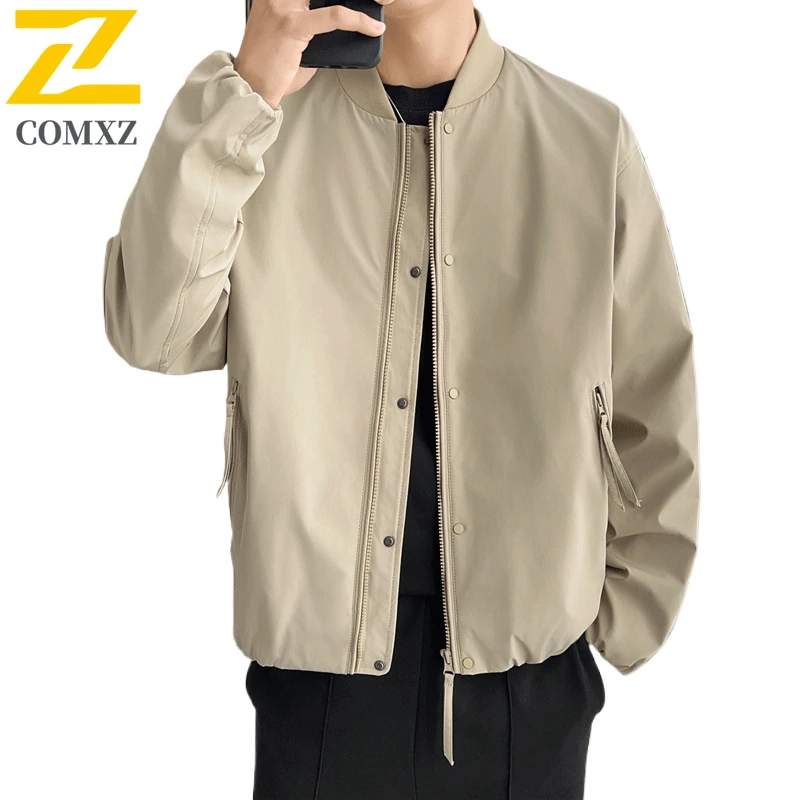 COMXZ Men Jacket Baseball Collar Street Fashion Windproof Motorcycle Coats Versatile Solid Color Riding Lightweight Autumn Coat