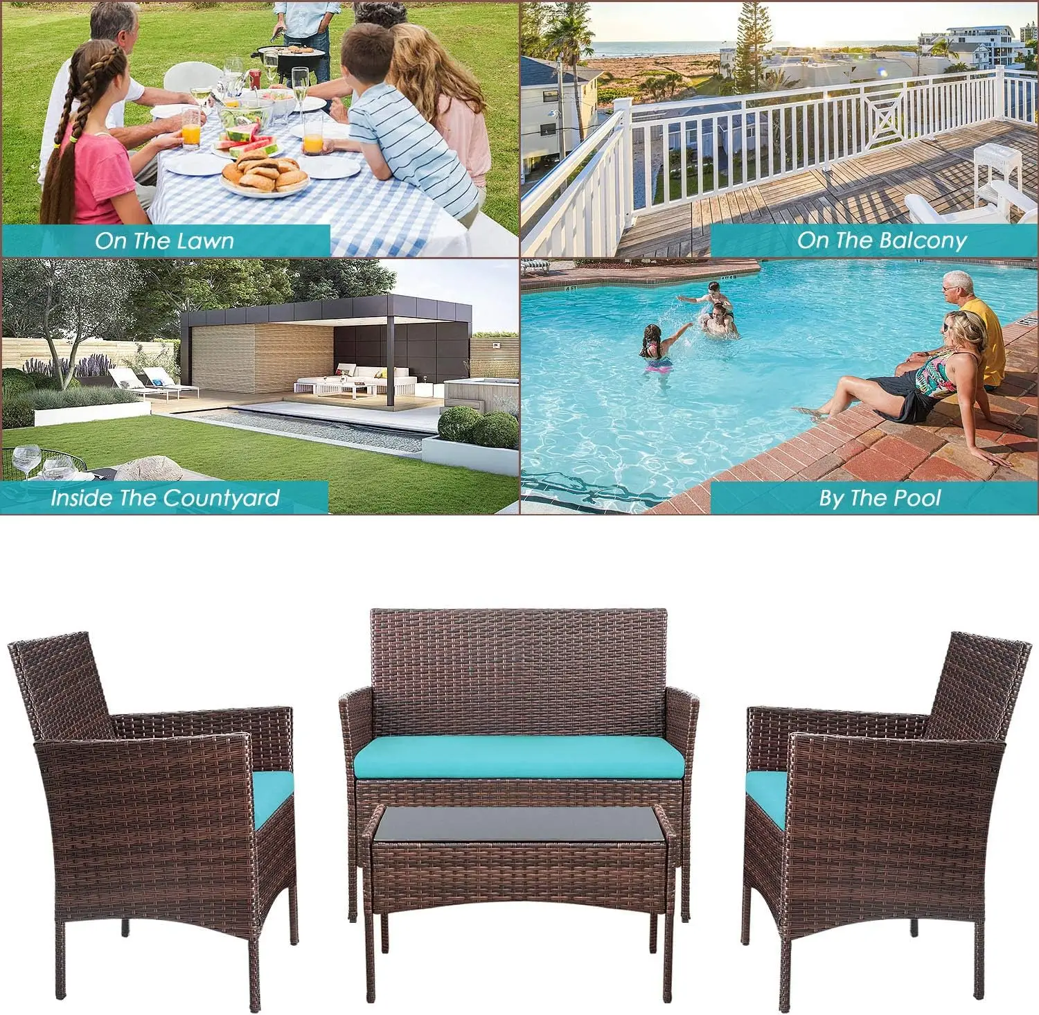 Pátio Rattan Wicker Chair Set, uso exterior e interior, varanda do quintal e mobiliário de jardim, piscina e varanda, 4 PCs