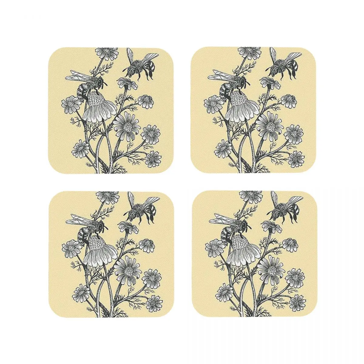 Bees And Chamomile On Honey Background Coasters Kitchen Placemats Non-slip Insulation Cup Mats For Home Tableware Pads Set of 4