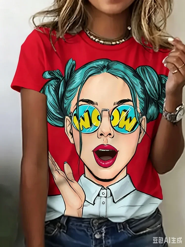Modisches Damen 3D Anime Bedrucktes T-Shirt Vintage Popkultur Cartoon-Mädchen Grafik T-Shirt Street Casual Kurzarm-Oberteil