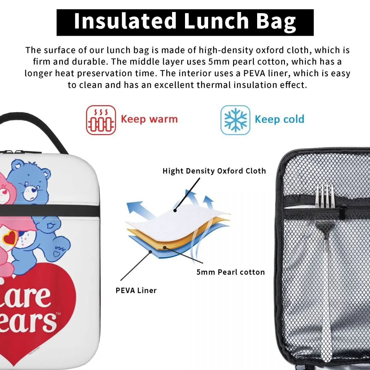 Care Bears Love Grumpy Valentine Hug Logo Isolierte Lunchtaschen Thermotasche   Essensbehälter, auslaufsichere Lunchbox, Tragetasche für Herren und Damen