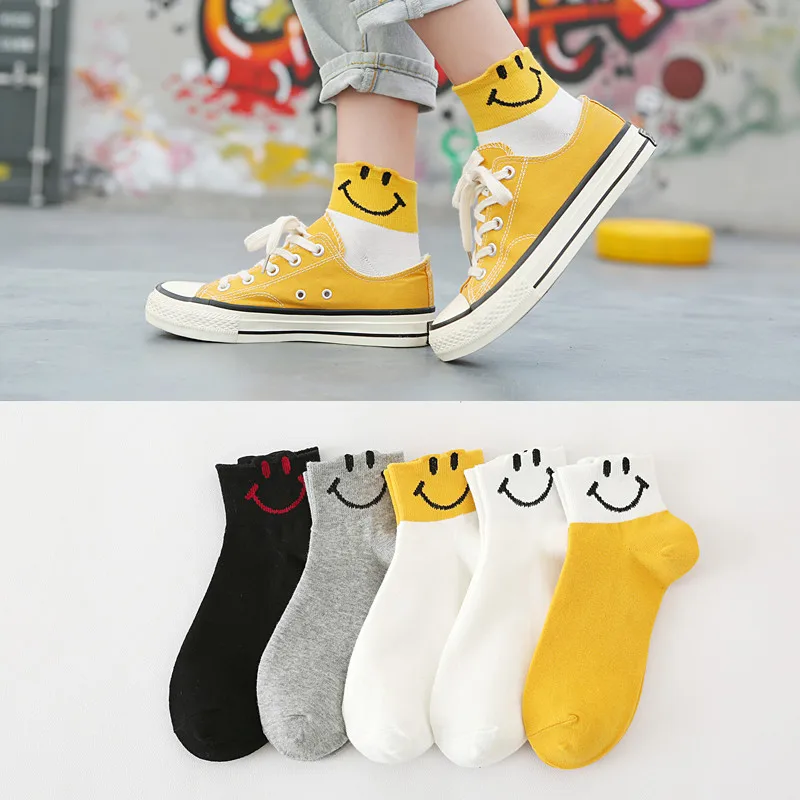 

2022 Summer New Cotton Women Socks Smile Print Stripes Funny Sock Unisex Harajuku Female Casual Cute Socks Woman Sox Meias