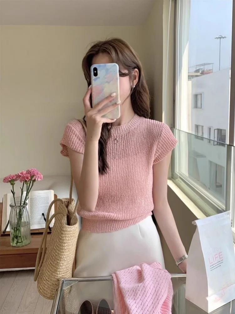 ein aushöhlen Eis Seide gestrickt ort Sve T-Shirt Damen Sommer sanft ort dünn Top kleine Größe koreanische Sle Slim Fit