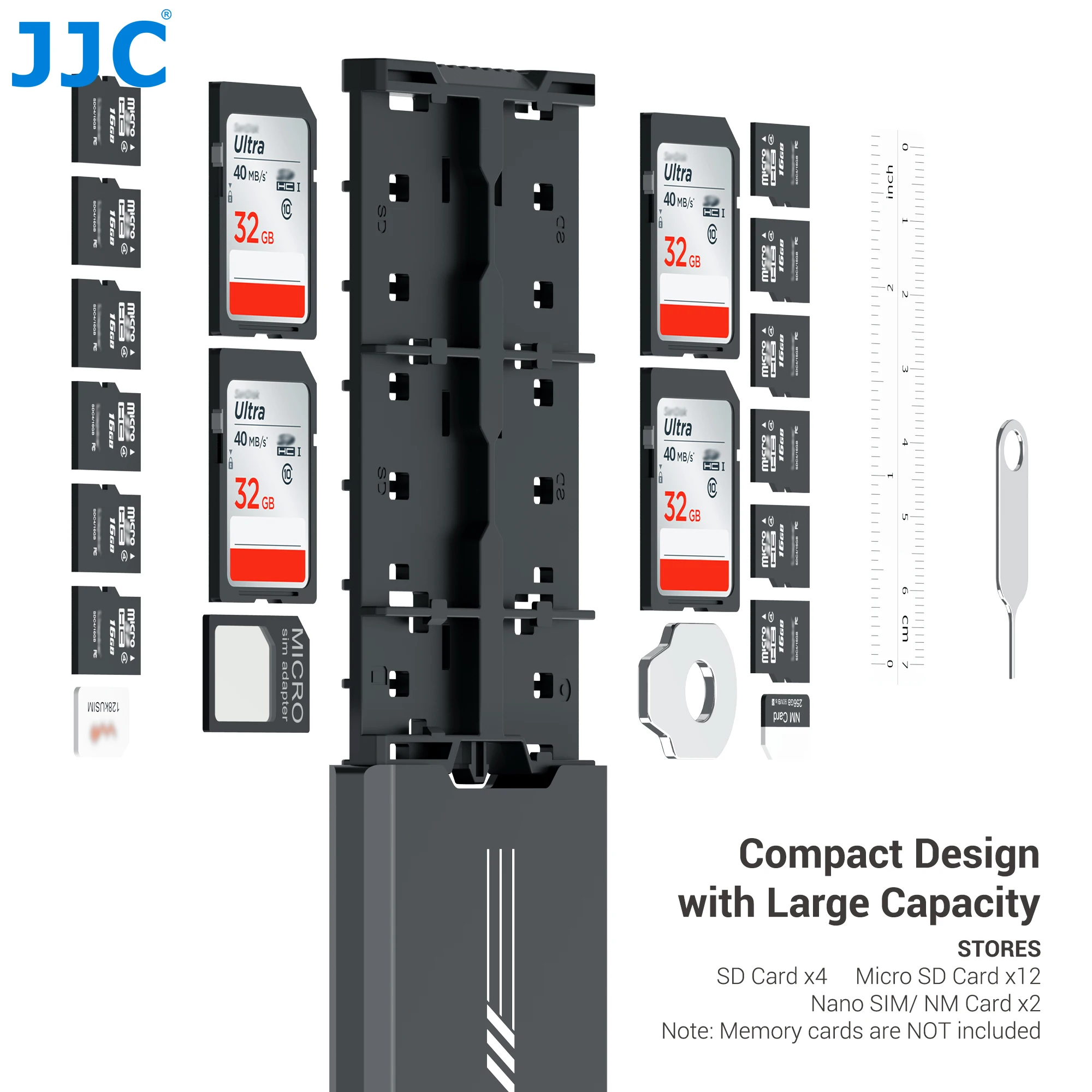 JJC 18 slotów etui na kartę pamięci Pop-up Design SD karta MicroSD uchwyt z karabińczykiem na 4 SD + 12 Micro SD/TF + 2 Nano SIM/ NM karty