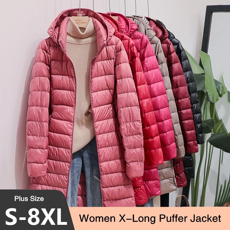 2025 9 Colors Plus Size 5xl 6XL 7XL Womens Down Jackets Long Ultra Light Thin Casual Coat Puffer Jacket Slim Remove Hooded Parka