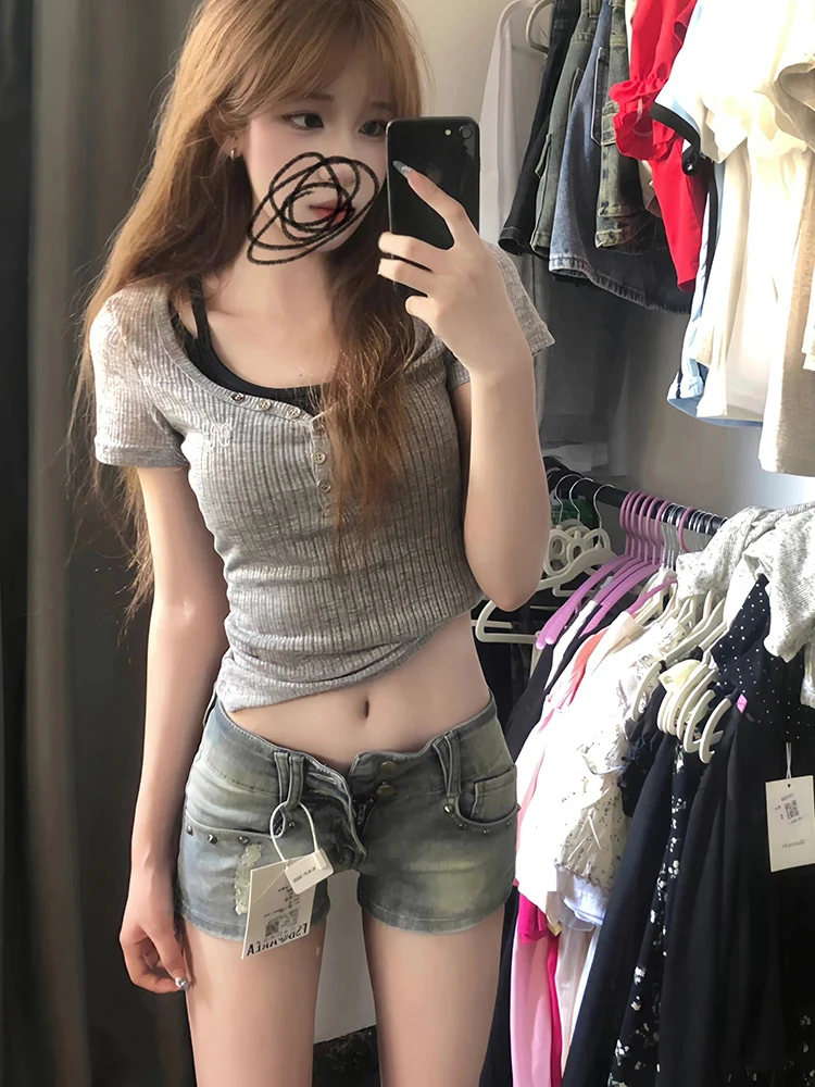 

Retro American Nail Low Waist Denim orts Women Summer Thin A-Line Wide Leg Pants Hot Pants Blue Low Waist orts