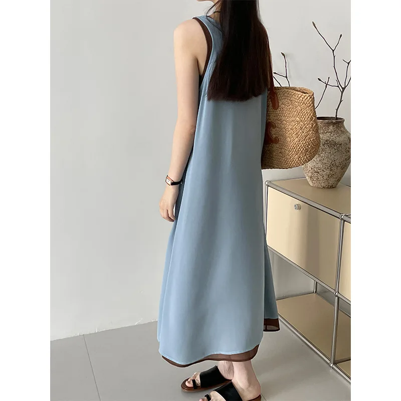 Vestido suspenso de duas peças em camadas para mulheres, estilo fino, respirável, caído, elegante, decote em v