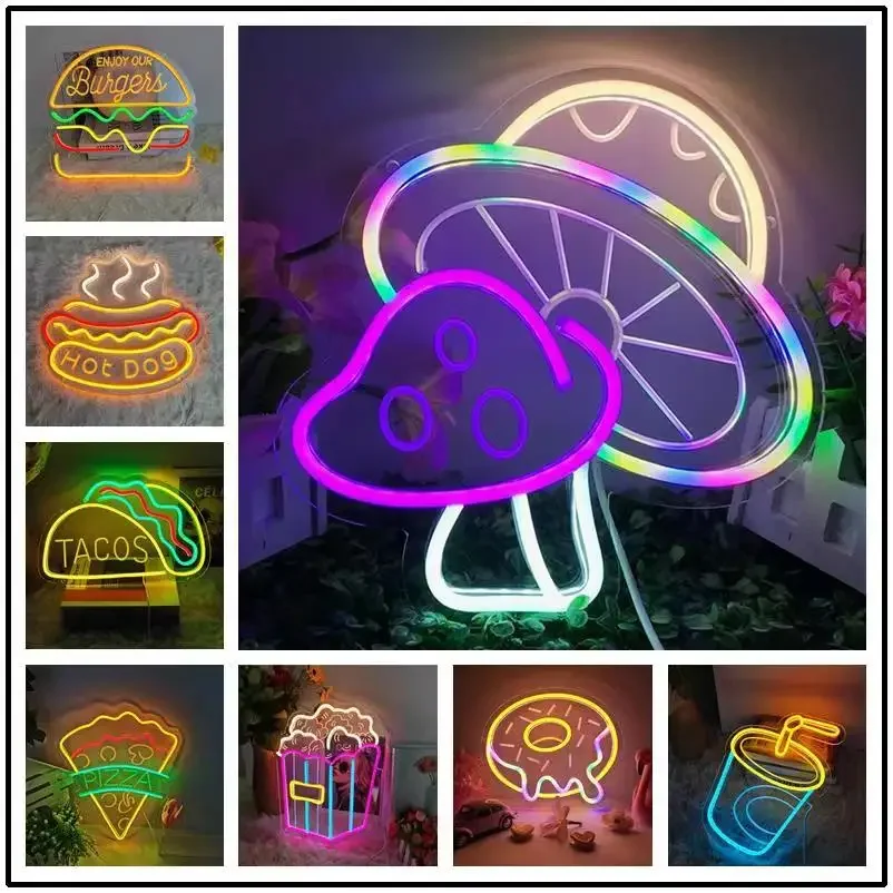 

Mushroom Pizza Hot Dogs Handmade Neon Sign for Restaurant Home Bedroom Business LED Neon Light Wall Decor Aesthetic Neon Lamp