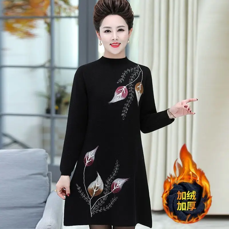 Wine Red Winter Printed Women\'s Thick Half High Neck Long Sleeved Knitted Top Autumn Temperament Commuting Loose Fitting Dress