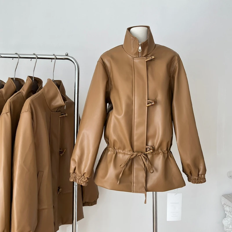 

Куртка из искусственной кожи, женская повседневная коричневая куртка с длинными рукавами и лацканами на молнии, короткое пальто, женская осень-зима 2025 года, модная уличная верхняя одежда