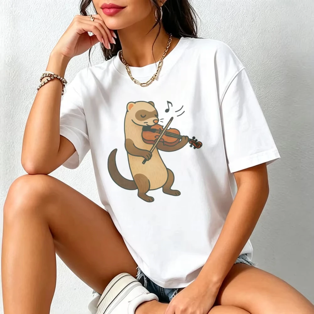 Cute Ferret Playing Violin Women T Shirt Cartoon Small Mammal String Instrument Print Tee Music Lover Kawaii Daily Cotton Tops