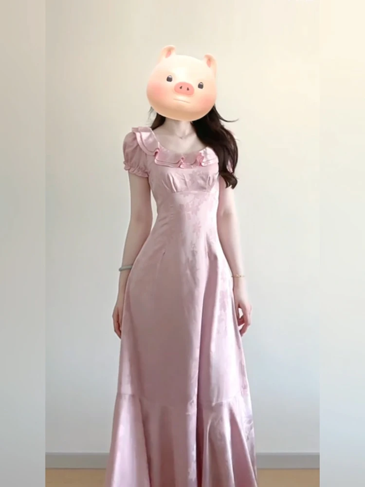 

Женское летнее повседневное платье макси с рюшами на воротнике, приталенное, А-силуэт, из полиэстера