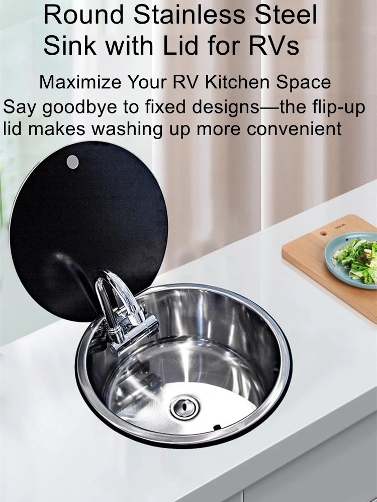 RV Sink with Lid, Kitchen Sink, Vegetable Washing Basin, Foldable Flip-Top, Single-Bowl Stainless Steel Square Sink