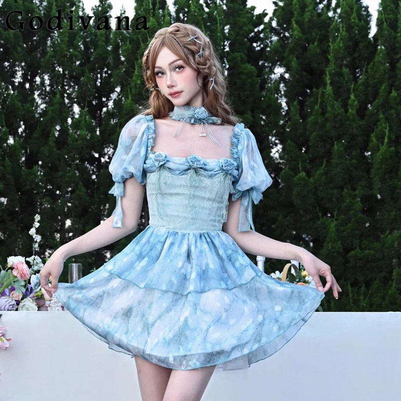 

Sweet Blue Temperament Square Neck Lace High Waist Princess Dress Summer Puff Sleeve Three-dimensional Rose Cake Fairy Dresses