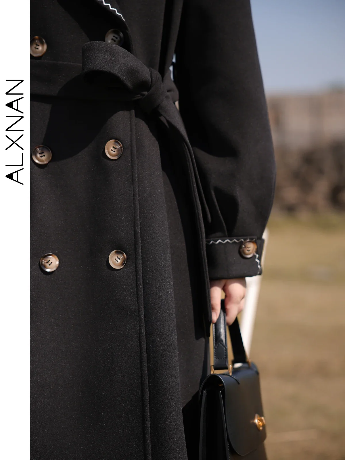 ALXNAN Cappotto di lana da donna Preppy Nero ricamato con scollo a V Manica lunga Giacche monopetto Cintura Cappotto autunno inverno LXN27961
