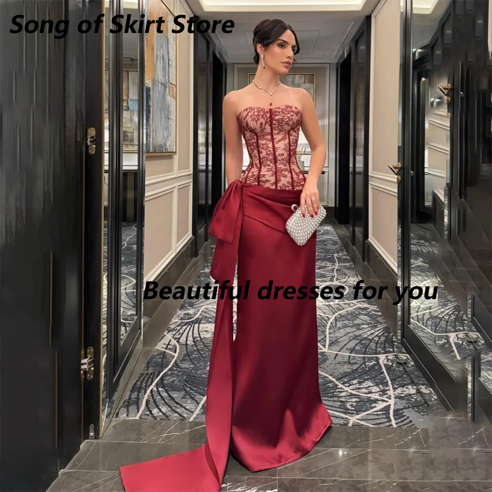 

Sexy Strapless Evening Dress Customized Lace Corset Pleat Satin Mermaid Floor Length Formal Party Dresses Elegant Prom Gown
