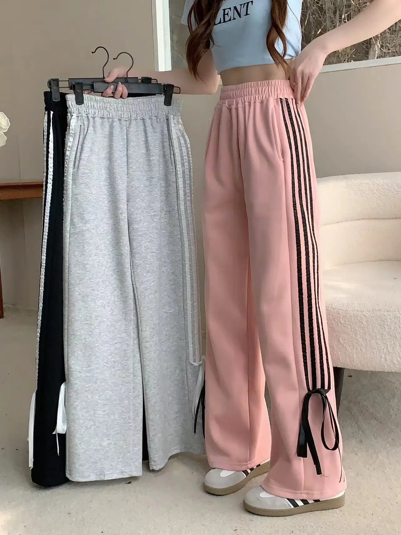 Women's Pink Pants Vintage Harajuku Y2k Aesthetic Retro Striped Bow Sweatpants Oversize High Waist Baggy Trousers 2000s Clothes