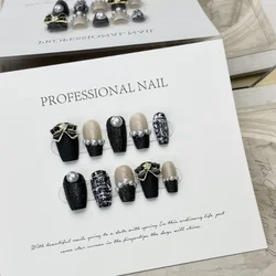 Handmade Black French Press on Nails Pearls Medium Square Realistic False Nails Artificial Fake Nails Korean with Box and Tools