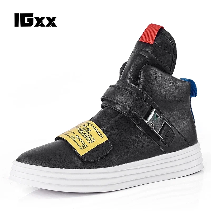 IGxx Elevator Motorcycle Boots Men Harley High Zip Cow Leather Punk Ankle Boots for Men Metal Basketball Hook&Loop Combat Boots