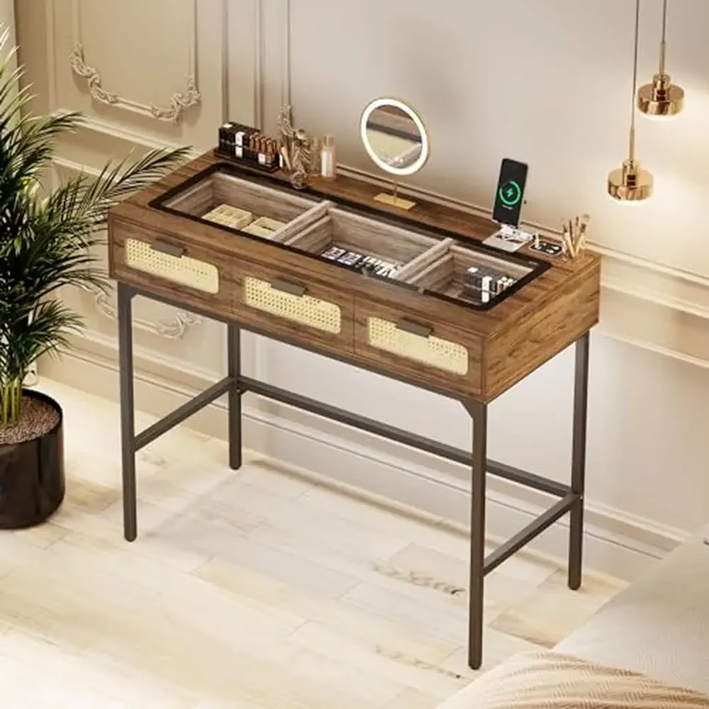 Glass Top Vanity Desk Makeup Table Rattan Drawers LED Lights Charging Station Rustic Vintage Compact Design