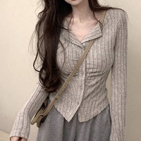 Autumn Korean Knit Cardigan V Lapel Long Sleeve Knitted Jumper Collar Sweater Coat Slim Cropped Cardigan Women‘s Y2k Clothes