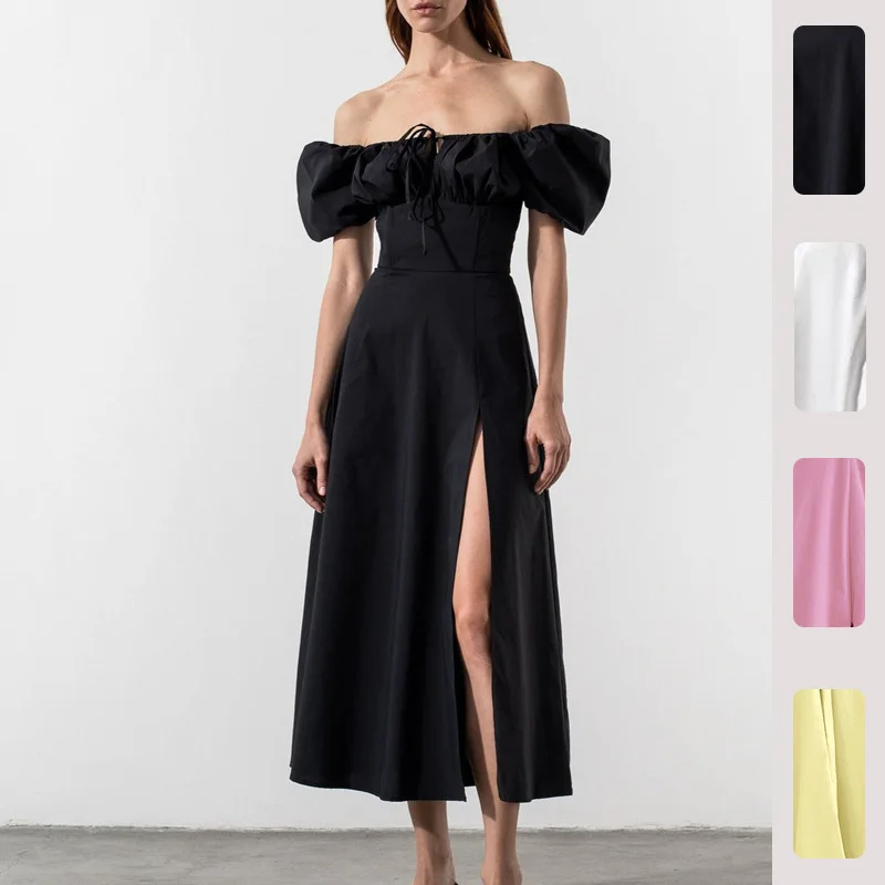 

FL Summer New Women Vacation French Off Shoulder Split Long Dress Soft Light Breathable Chic Daily Casual Beach Outdoor Holiday
