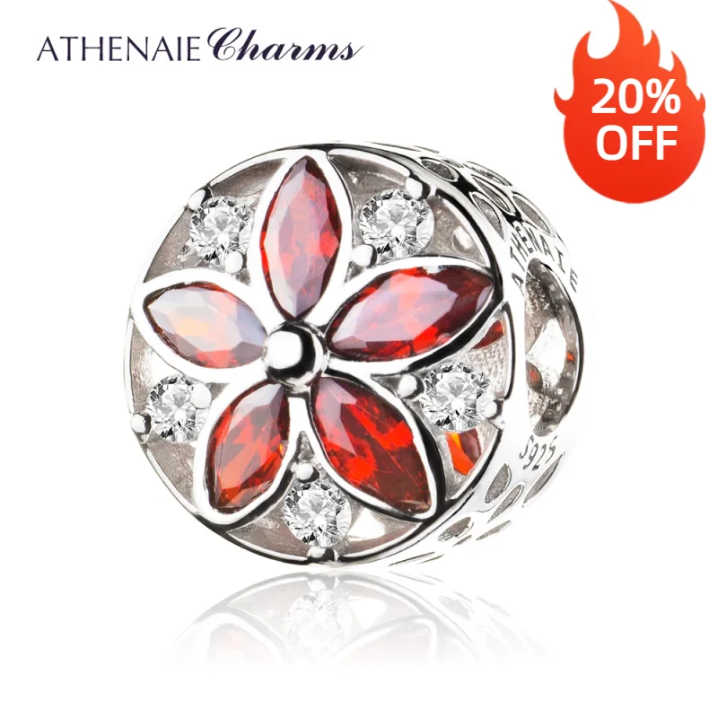 ATHENAIE 925 Sterling Silver Pave Clear CZ Red & Pink CZ Dazzling Floral Bead Charms Color Red