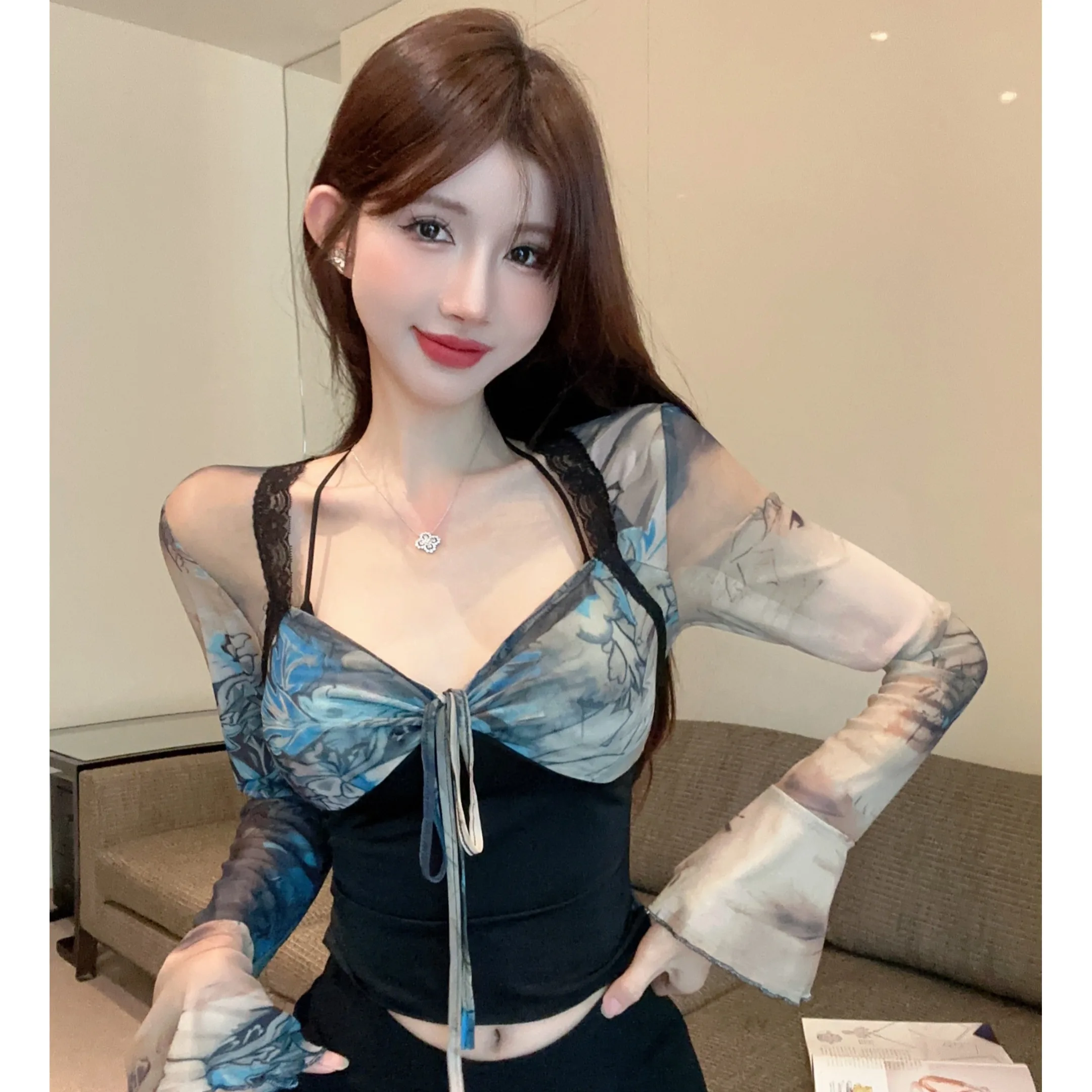 Início do outono exclusivo doce e picante sexy gola quadrada longa Sve camiseta feminina base irt ort tingido top coreano sle loo...