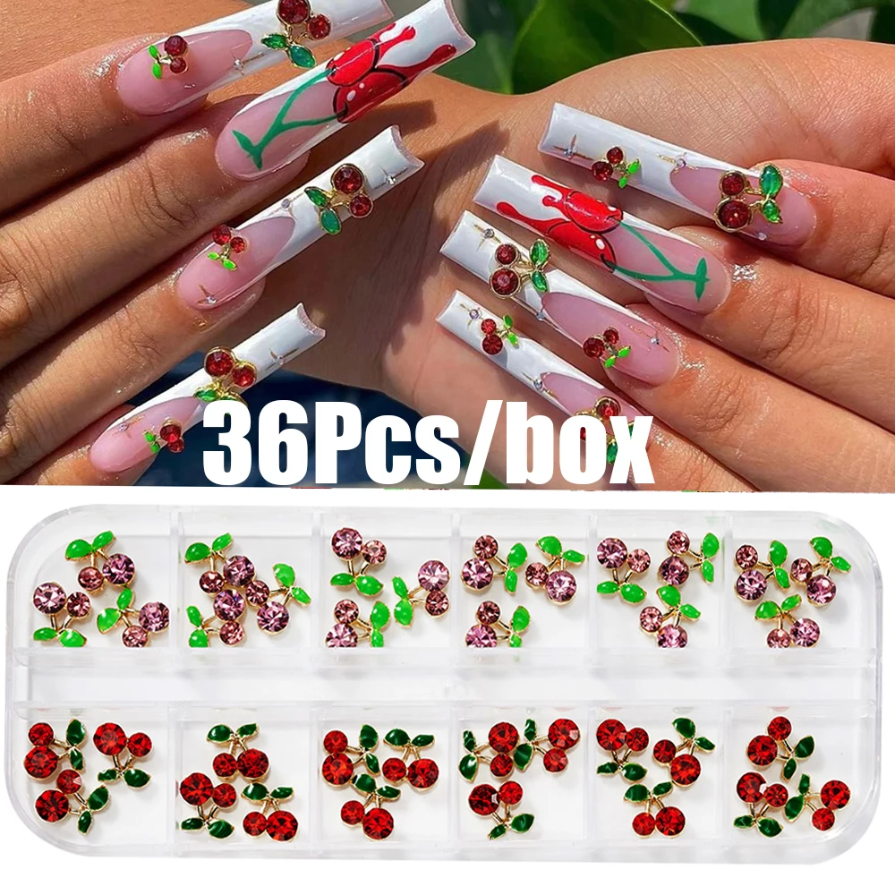 36Pcs Christams Red&Pink Cherry NailArt Rhinestone 11*10mm 3D Cherry Nail Charm Gold Metal Alloy Cherry Crystal Manicure Jewelry