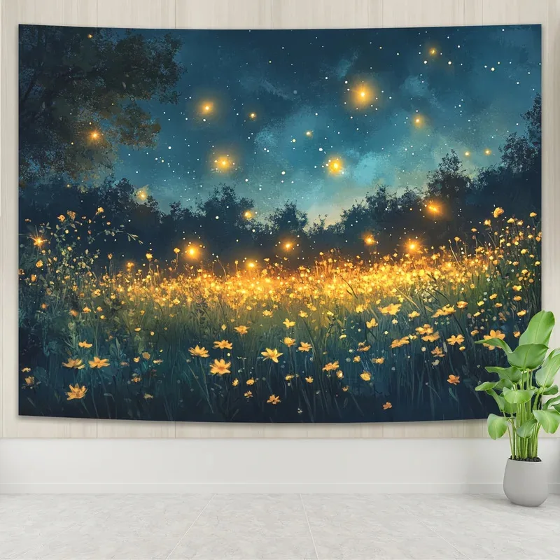 VIKAMA Firefly Night Sky Wandteppich, ästhetischer Wandbehang mit Sommerwiesen-Motiv, Boho-Heimdekoration für Wohnzimmer, Schlafzimmer, Wohnheim, Kunst-Wandteppich
