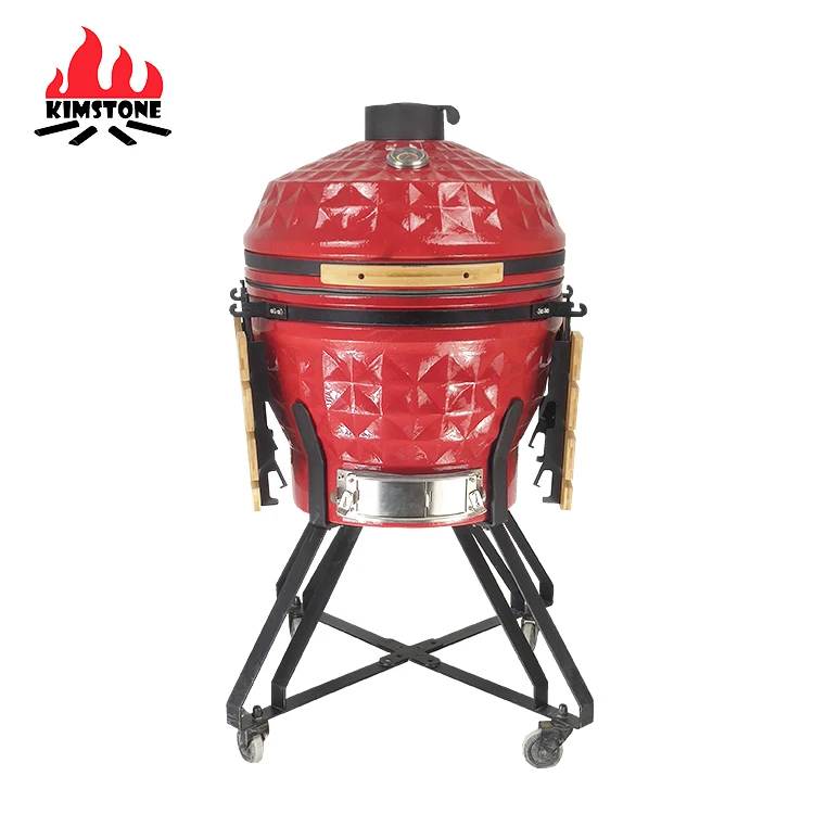 24inch KIMSTONE KimBer Series Diamond Pattern Red Ceramic Kamado Grill Porcelain Enamel Finish Charcoal Ignition Smoker Home