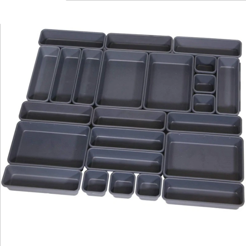 Set of 24 Desk Drawer Organizer Trays with 3-Size Black Plastic Storage Boxes Divider Make-Up Organiser for Office