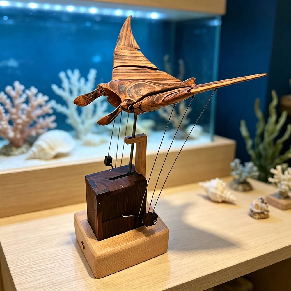 Wooden Bionic Manta Ray Model, Handmade Electric Bionic Manta Ray Ornament with Lifelike Swimming, Desktop Relaxation Display