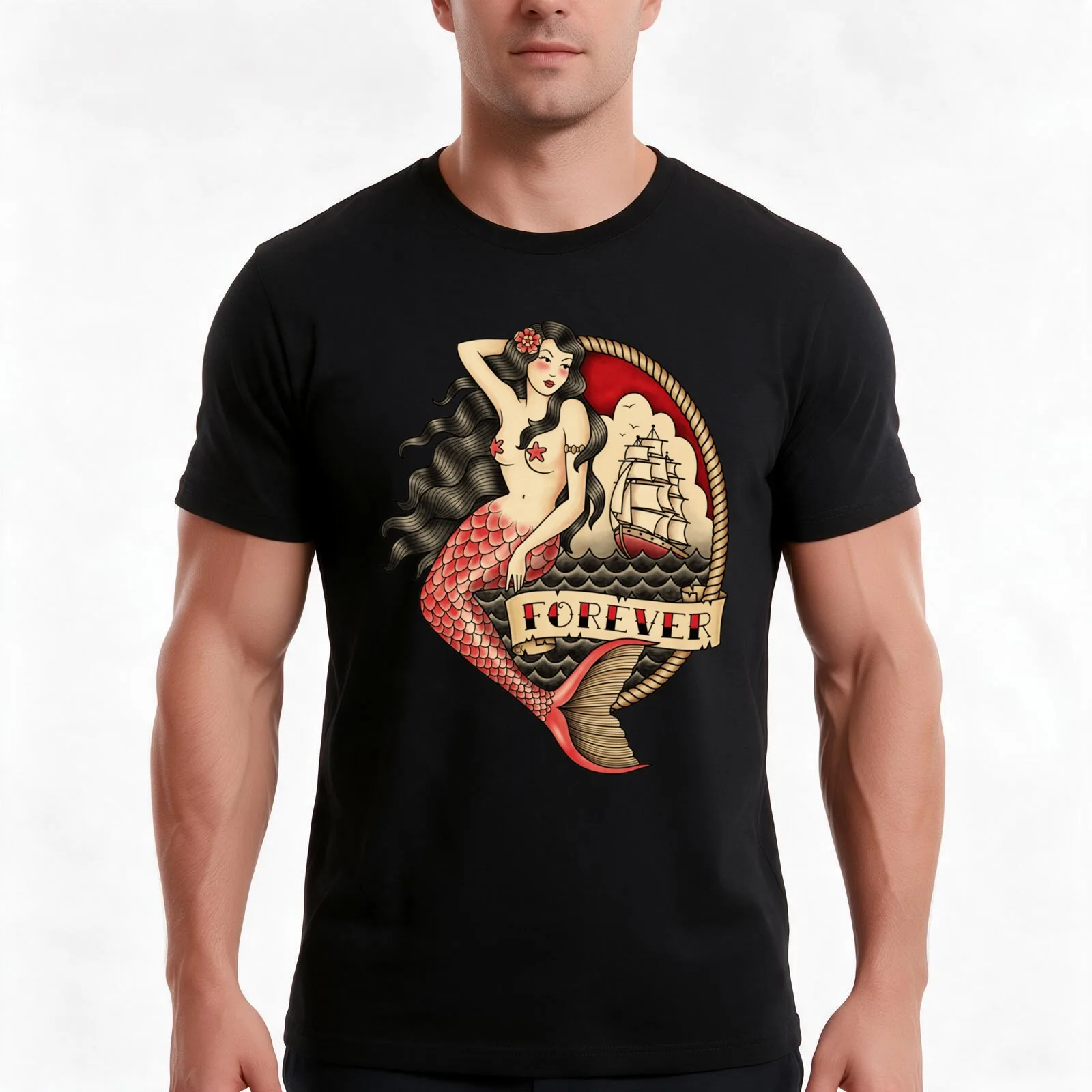 Mermaid Tattoo Classic . T-Shirt, Summer Casual Cotton Tee, Oversized Streetwear Tops, Vintage Graphic Print, Unisex Men Women