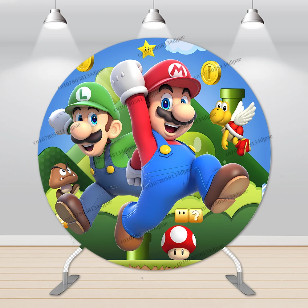 Running Super Mario Party Round Backdrop Decorations Boys Birthday Background Luigi Koopa Cylinder Elastic Cover Photo Banner