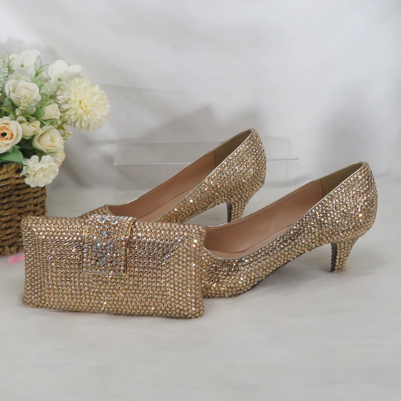 Champagne crystal wedding Bridal shoes with matching bags woman fashion Open Toe Thick heels Women party dress shoes Ankle Strap